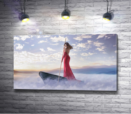 Девушка в красном платье на лодке в тумане
