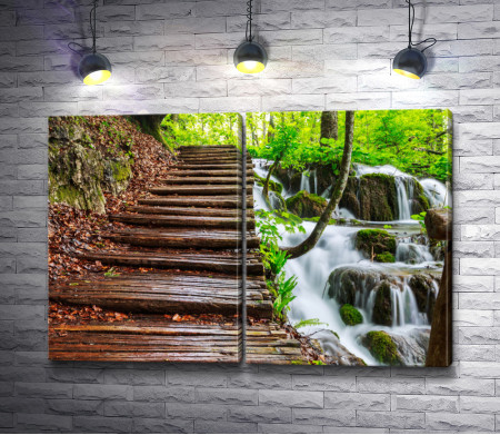Деревянная лестница на фоне каскадного водопада