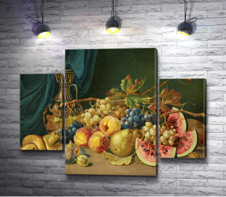 Натюрморт с фруктами, осенними листьями и вазой