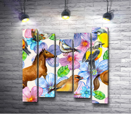 Лошадь,  птицы и бабочка в цветах 