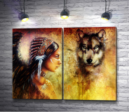 Девушка-индианка и волк