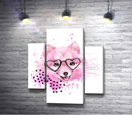 Розовый пушистый пес в очках и с бантом