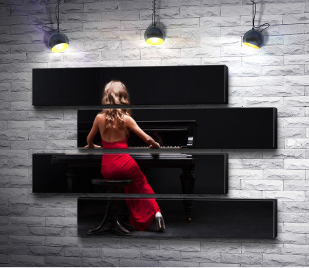 Девушка в красном платье у пианино