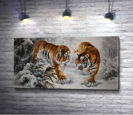 Два тигра в заснеженном лесу