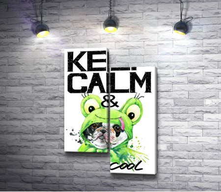 Надпись "Keep Calm & be cool" с собакой в костюме лягушки. Мотивационный постер