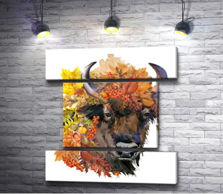 Голова быка в осенних листьях и рябине
