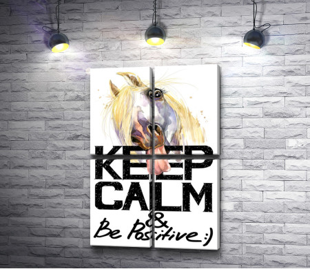 Плакат "Keep Calm & Be Positive" с лошадью, которая высунула язык