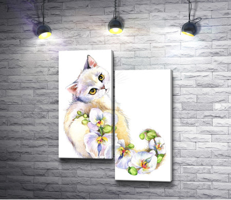 Кошка с белыми орхидеями
