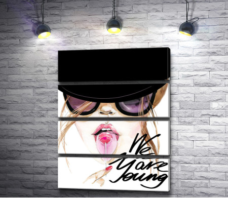 Плакат "We are young" с девушкой в шляпе и леденцом