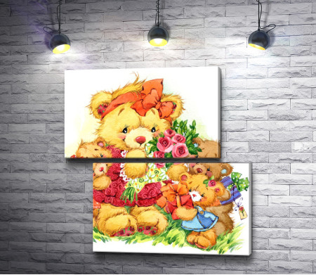 Семья милых мишек с цветами