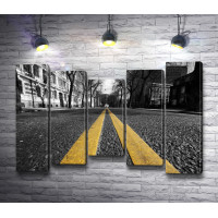 Желтая разделительная полоса на черной-белой дороге