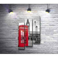 Красная телефонная будка на фоне Биг Бена в черно-белых тонах. Лондон