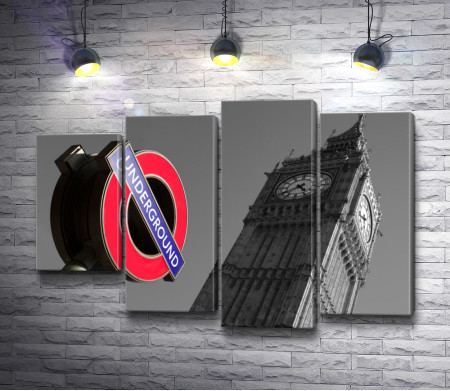 Цветной знак метро на фоне черно-белого Биг Бена,  Лондон