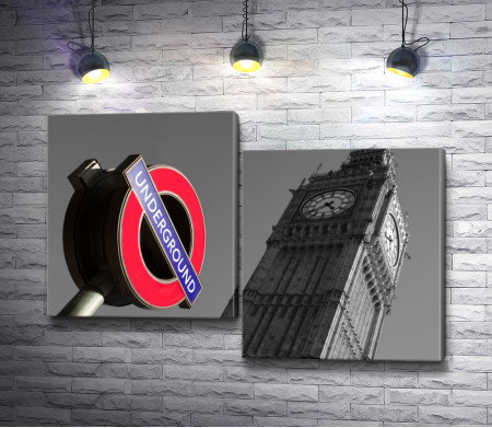 Цветной знак метро на фоне черно-белого Биг Бена,  Лондон