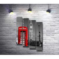 Красная телефонная будка на фоне Биг-Бена в черно-белой гамме, Лондон