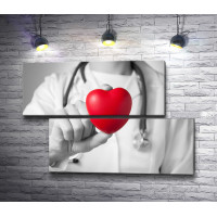 Доктор держит в руках игрушку-сердце, черно-белое фото