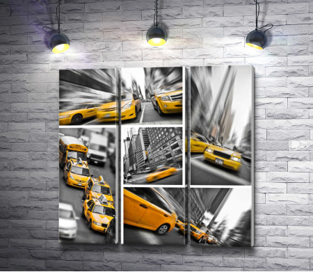 Коллаж из черно-белых фото с желтыми машинами 