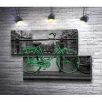 Зеленый велосипед на мосту на фоне черно-белого города