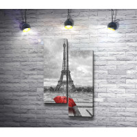 Красный зонт на фоне Эйфелевой башни в черно-белых тонах, Париж
