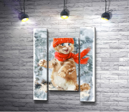 Котенок в шапке и шарфе зимой