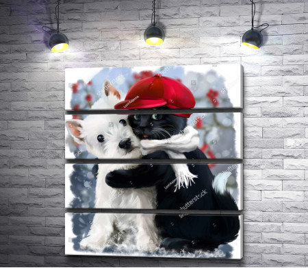 Друзья навеки: черный кот и белый пес