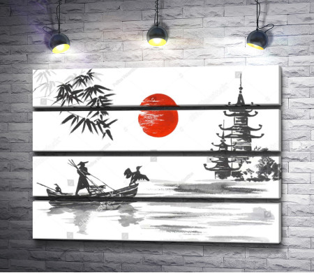 Черно-белый пейзаж с красной луной. Япония