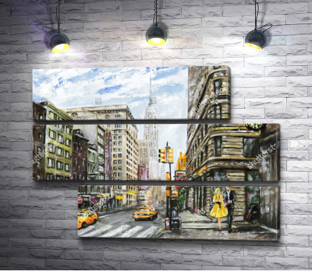 Желтые такси и влюбленная пара на улицах Нью-Йорка
