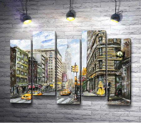 Желтые такси и влюбленная пара на улицах Нью-Йорка