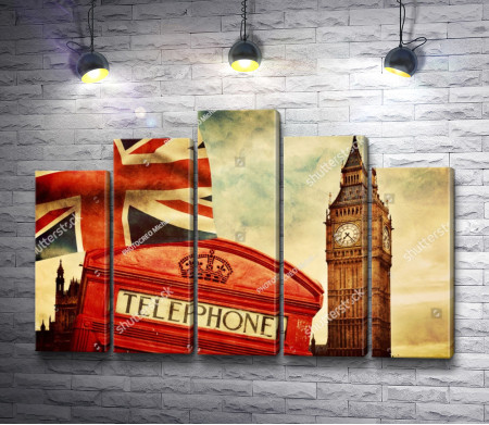 Английский флаг и телефонна будка на фоне Биг-бена, Лондон