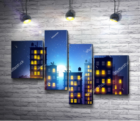 Светящиеся окна в небоскребах в ночном городе