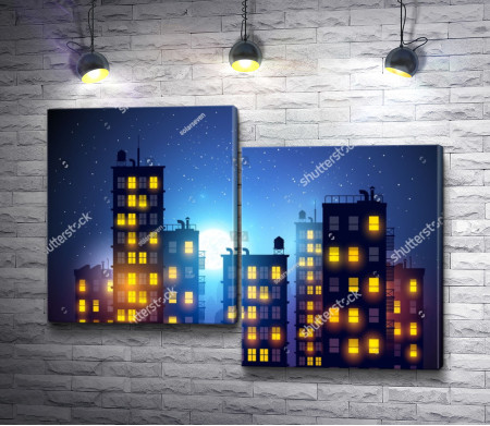 Светящиеся окна в небоскребах в ночном городе