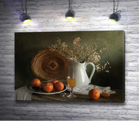 Итальянский натюрморт с вином, цветами и апельсинами 