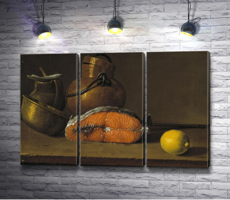 Луис Мелендес "Still life with a piece of salmon, lemon and three vessels" (Натюрморт с куском лосося, лимоном и тремя сосудами)