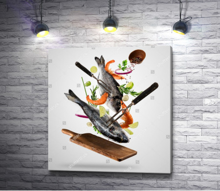 Рыба с овощами, парящая над деревянной доской 