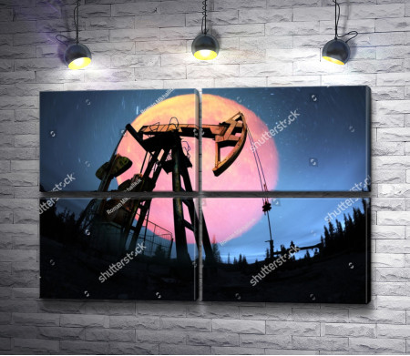 Нефтяная вышка на фоне розового диска луны 