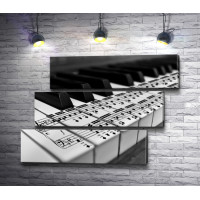 Клавиши пианино с нанесенными нотами, черно-белое фото 