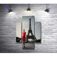 Девушка в красном на фоне Эйфелевой башни, Париж