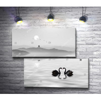 Лебеди на озере, черно-белое фото