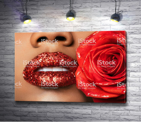 Красные губы в стразах и роза