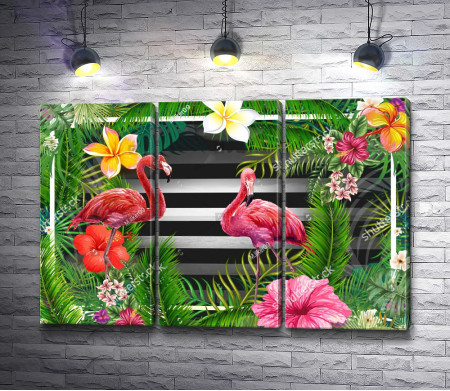 Фламинго среди тропических цветов