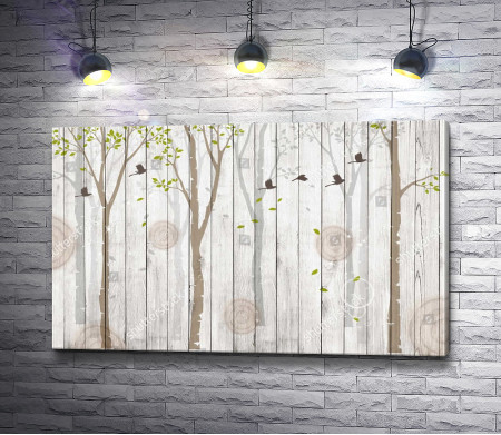 Нарисованные лес на деревянной стене