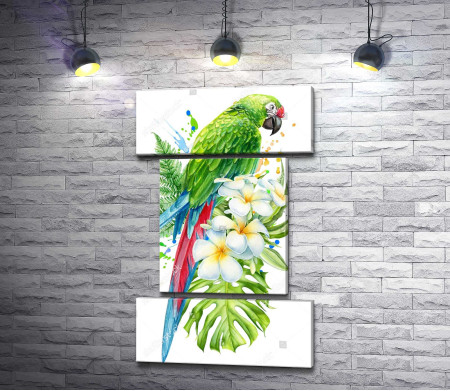 Зеленый попугай в тропических растениях