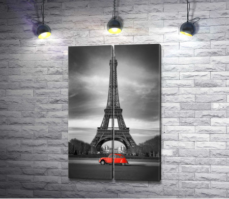 Красное авто на фоне Эйфелевой башни, Париж