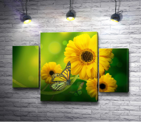 Желтые герберы с бабочками на зеленом фоне