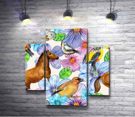 Лошадь,  птицы и бабочка в цветах 