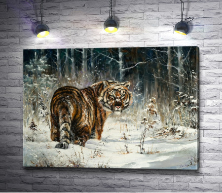 Прогулка тигра по зимнему лесу 