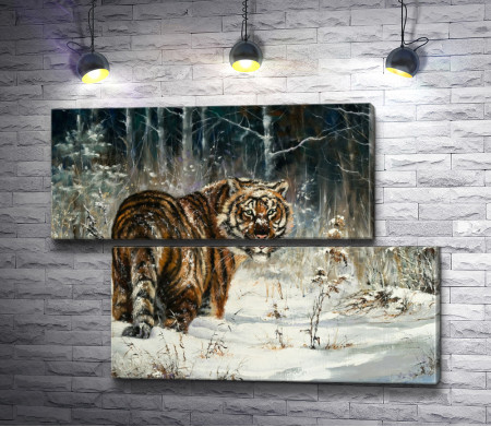 Прогулка тигра по зимнему лесу 