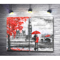 Пара под красным зонтом в Лондоне. Черно-белая гамма