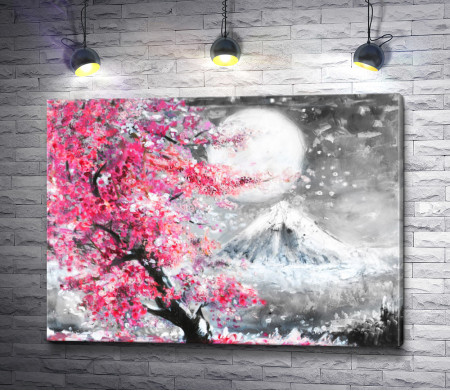 Цветущая сакура и снежная гора