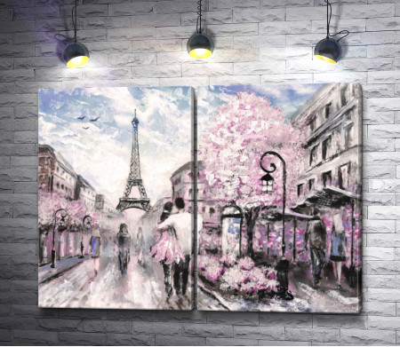 Влюбленная пара - прогулка по Парижу. Эйфелева башня